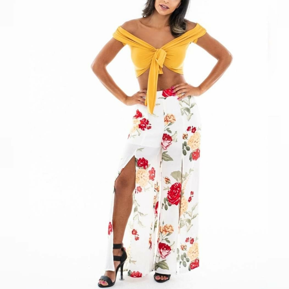 Yellow Top and Mesh Floral White Pants
